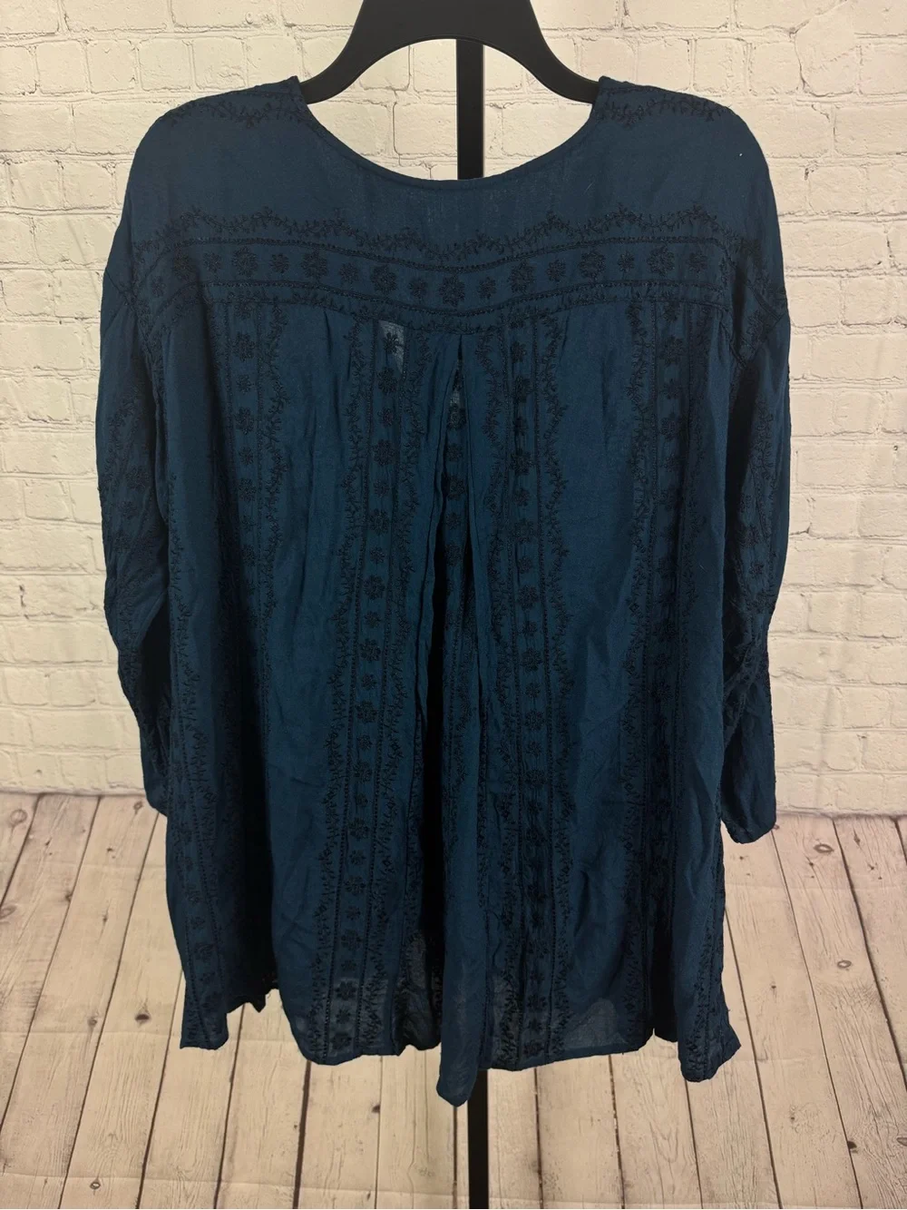 Free People Bohemian Teal Blue Tunic Top with Intricate Embroidery Size XS